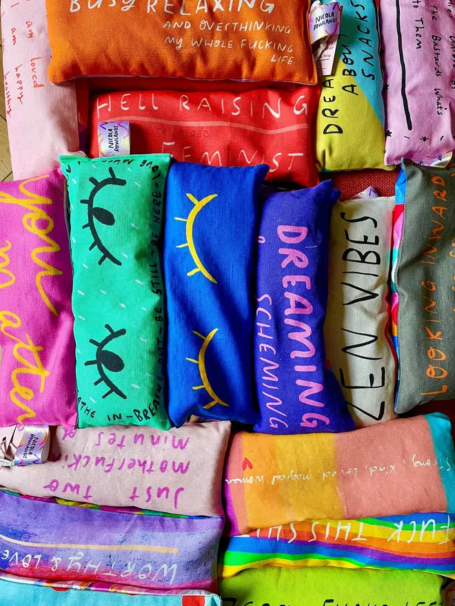 Nicola's iconic lavender eye pillows are colourful and filled with joy! ( and lavender)