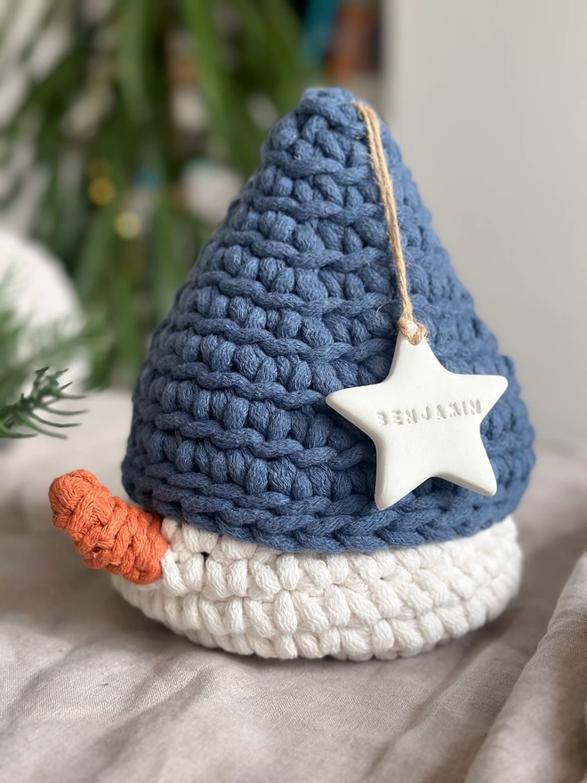 hand crocheted snowman basket personalised gift 