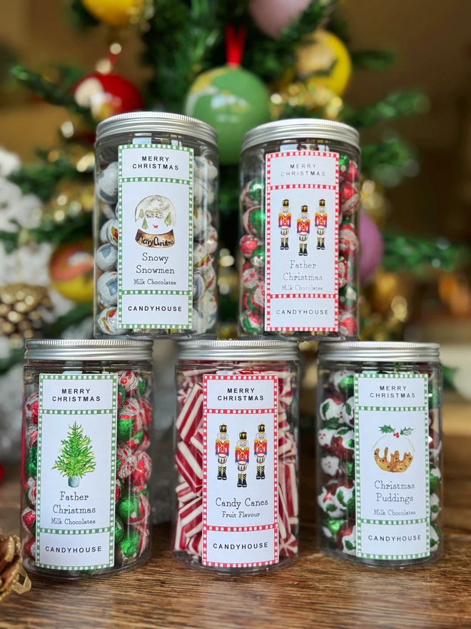 Tall Jar Candyhouse Milk Chocolate Christmas Gift Santa Snowman Pudding Crumbly Mints Candy Cane