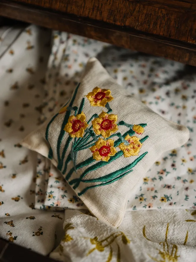 Floral yellow & red bloom Lavender Sachet. A Sachet of Lavender with embroidered floral design.