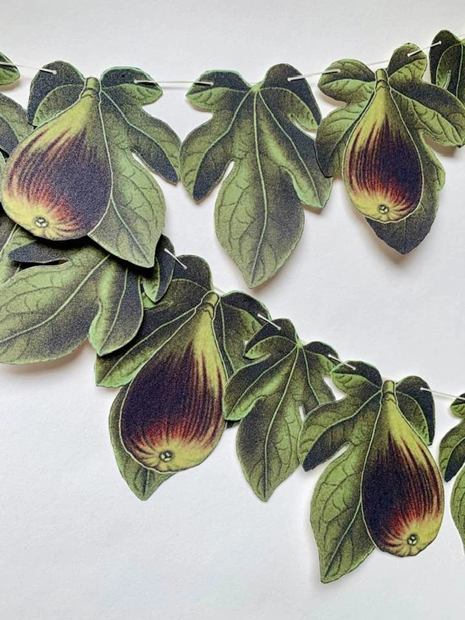 A double length of bunting featuring figs and fig leaves in greens and browns