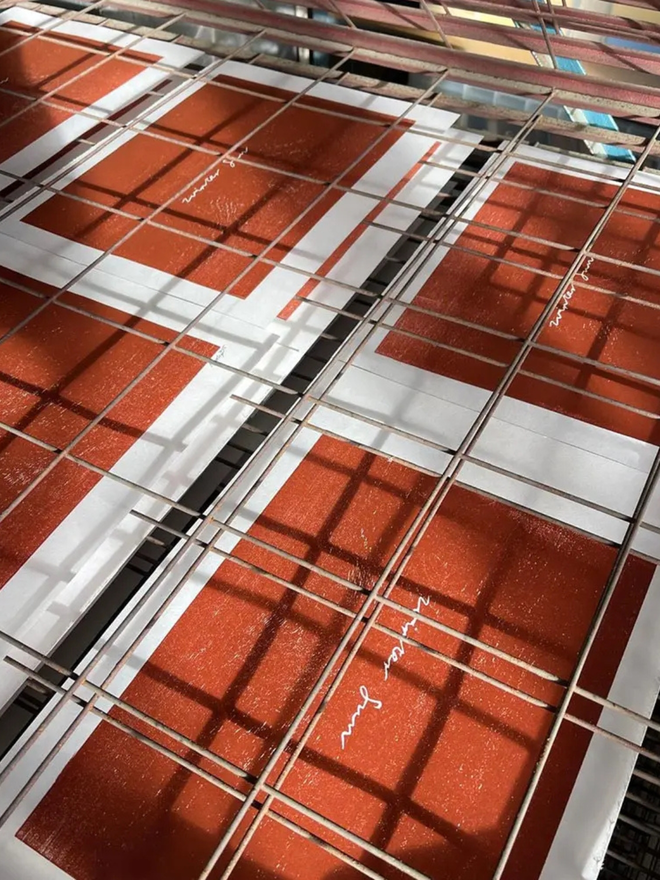 'Winter Sun' Woodcut prints drying on a drying rack