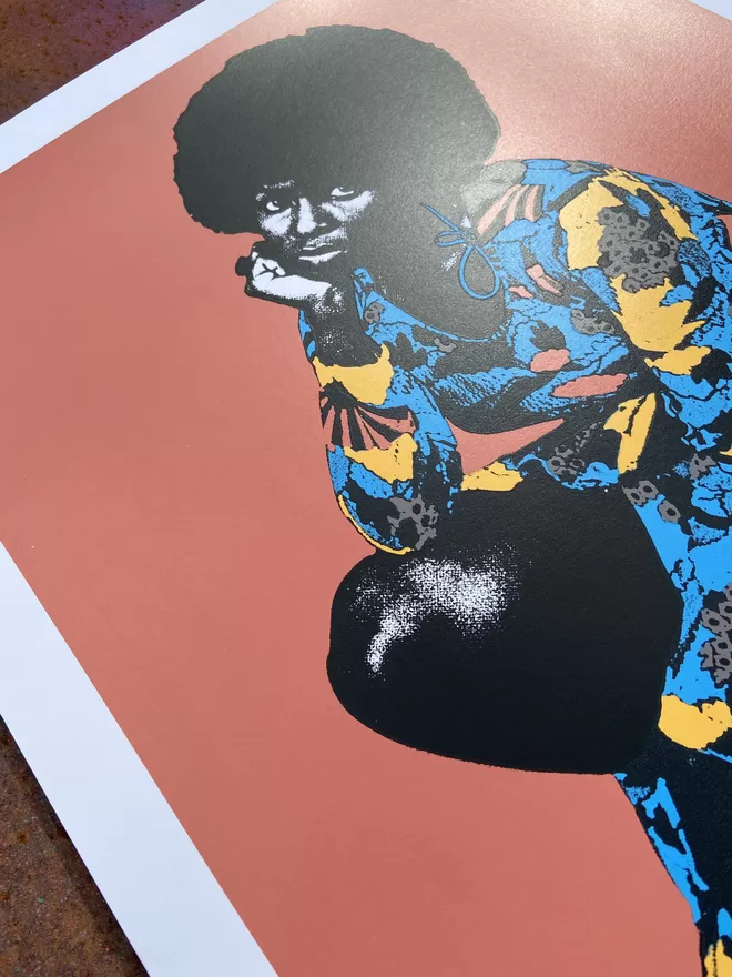 "Betty18" Hand Pulled Screen Print terracotta background with the singer betty wright printed on top as an illustration  she is staring forward at the viewer 