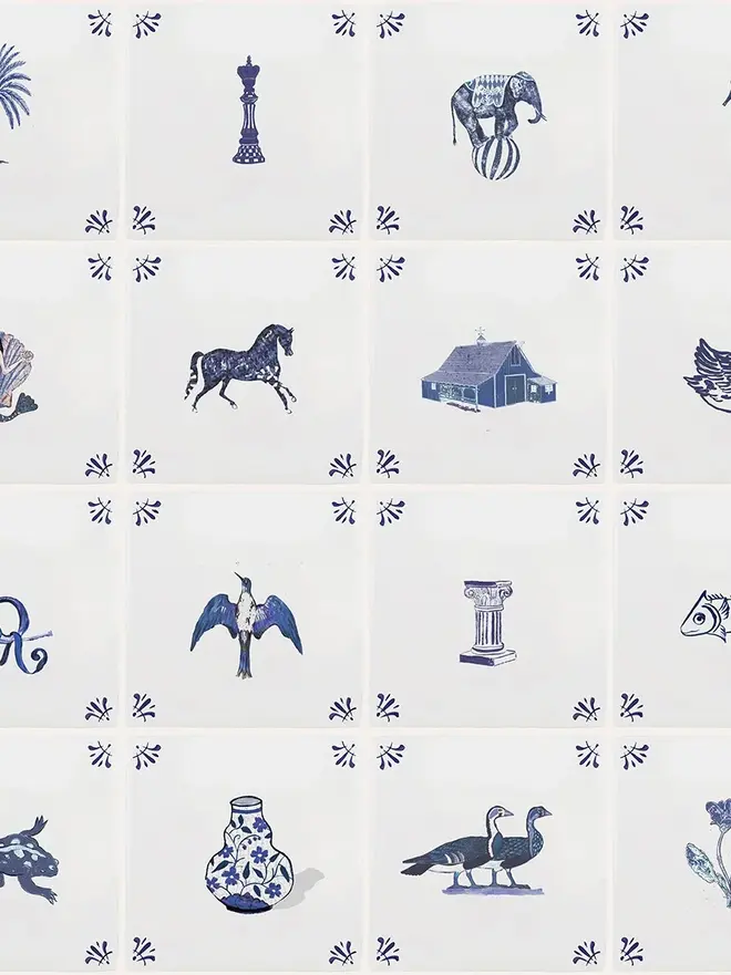 delft tile illustrated wallpaper. a white background wallpaper with blue tile-style illustrated squares.
