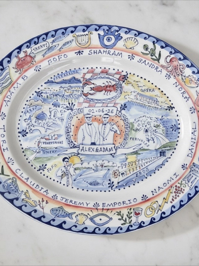 Greek inspired hand-painted personalised wedding plate