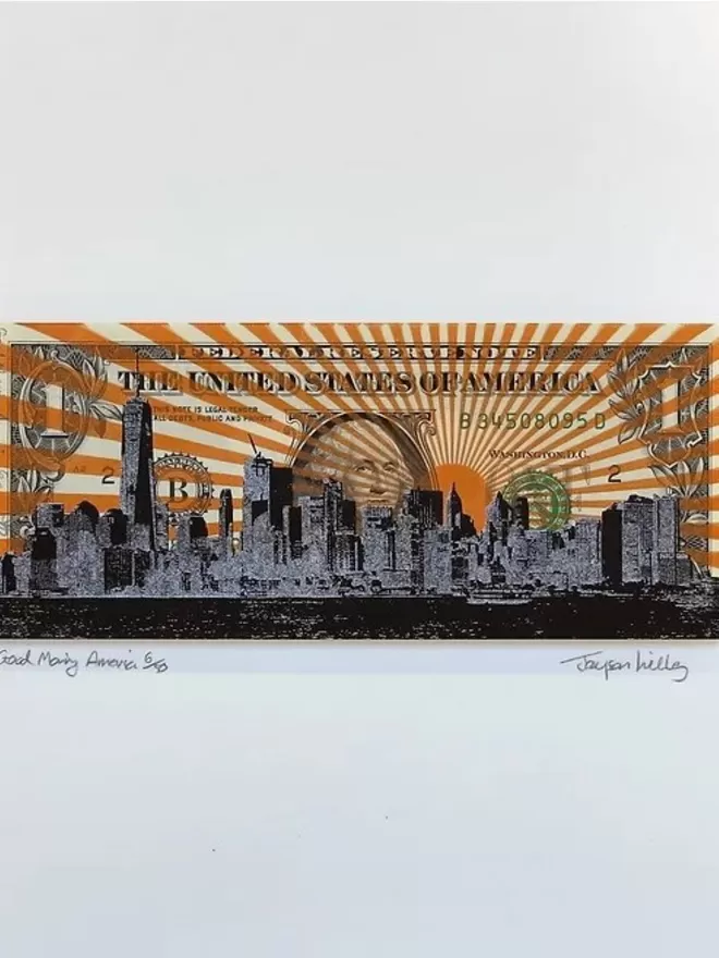 One Dollar Note with New York City View printed on top in black and white with platinum ink rays 