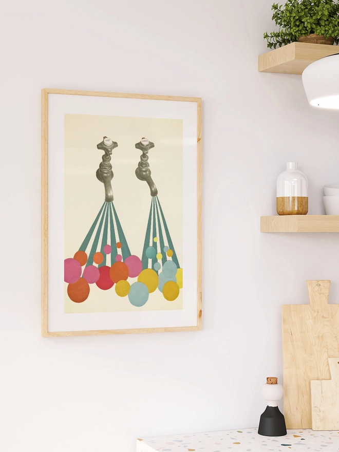 A fun colourful print, featuring vintage taps with colourful bubbles.