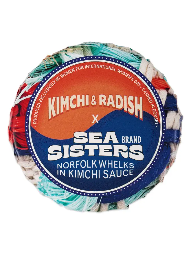 Tin of closed Sea SistersNorfolk Whelks In Kimchi Sauce on a white background