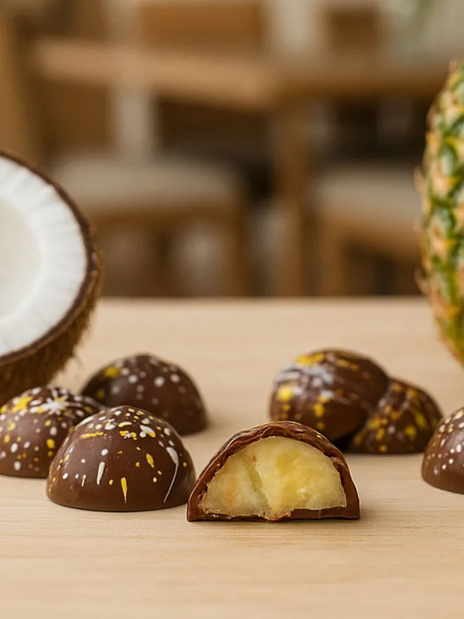 Some luxury milk chocolates with pineapple and coconut in the background