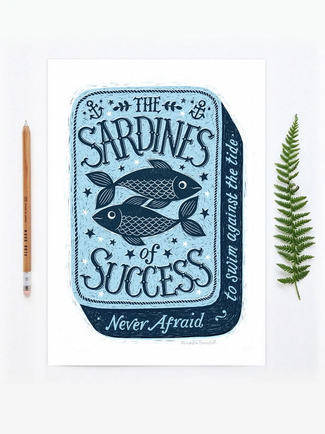 blue sardine tin print unframed