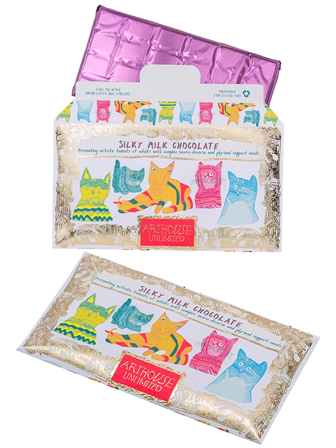 Colourful hand drawn cats on a silky smooth charity chocolate bar wrapper