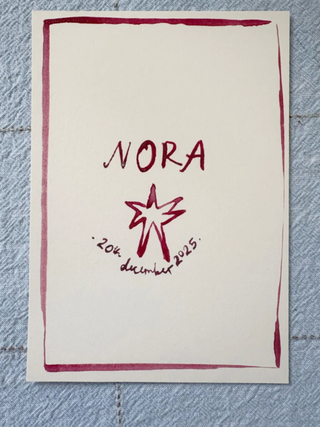 Keepsake Name Watercolour. A watercolour piece illustrated in raspberry with a name and a star.