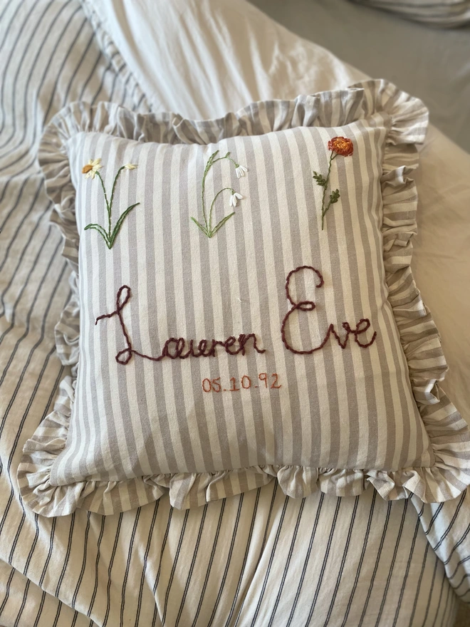 Hand embroidered birth flower personalised cushion. Mother’s Day gift. 