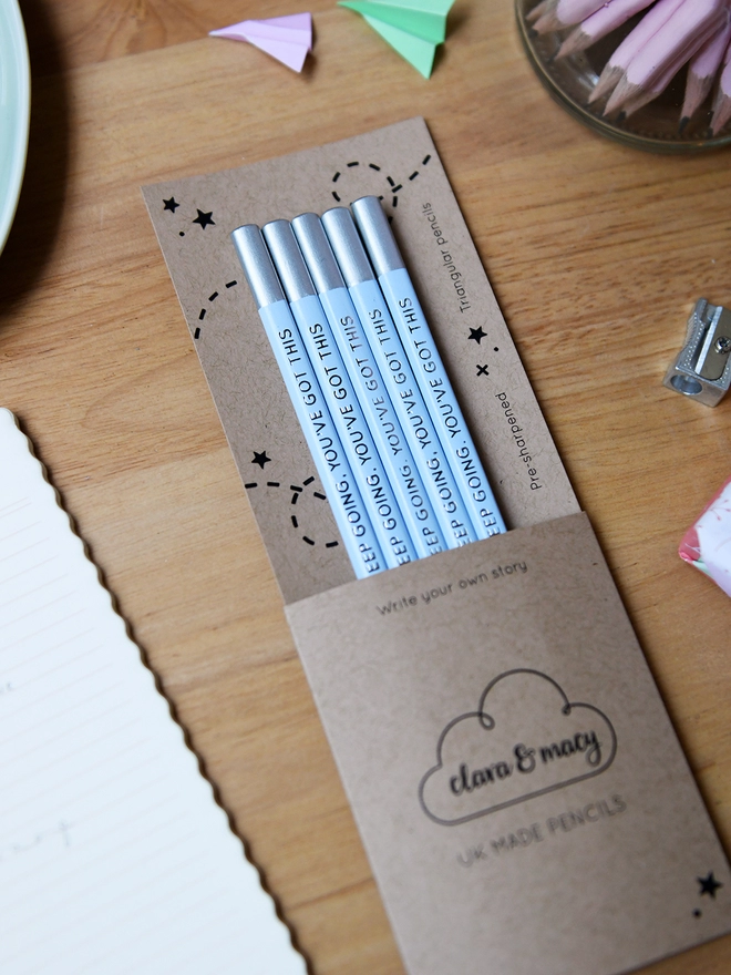 Five blue pencils with the words Keep Going, You've Got This along the side of each one, are tucked into cardboard packaging on a wooden desk.