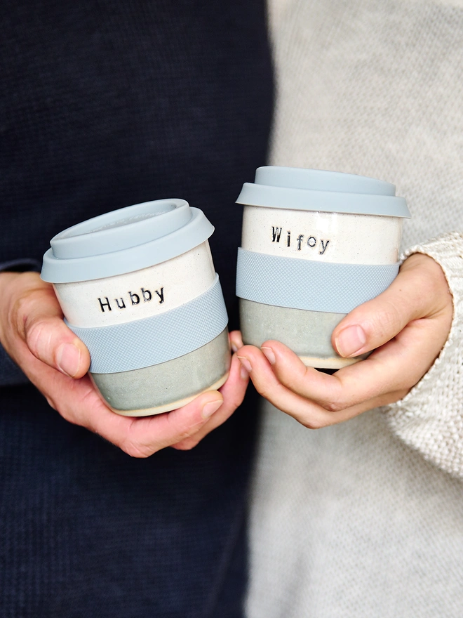 hubby and wifey personalised ceramic travel mugs