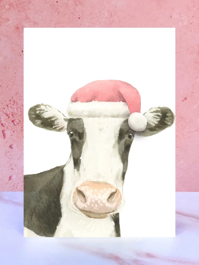 black white cow santa hat pompom christmas card