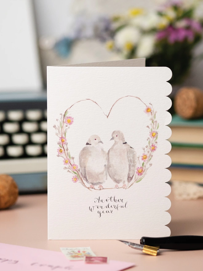 Collared Doves Anniversary Card with Scallop Edge 