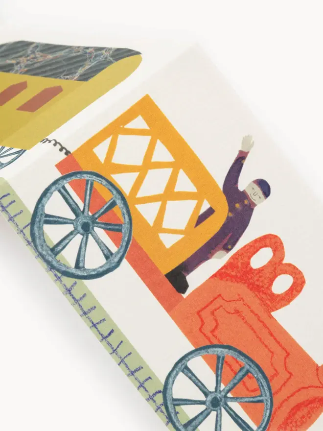 brightly coloured fold out train card