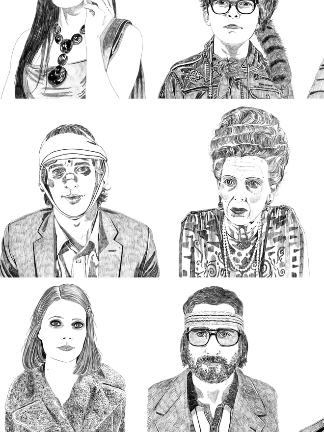 Detail of hand drawn characters in Wes Anderson art print