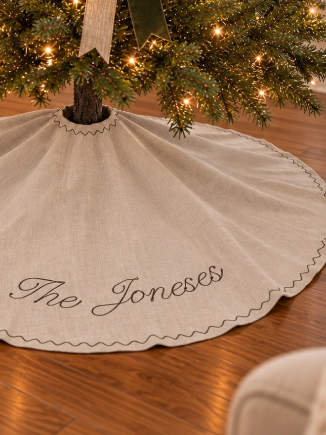 Personalised Embroidered Linen Christmas Tree Skirt