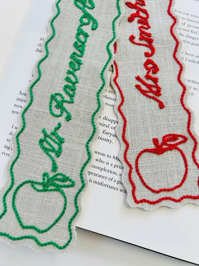 embroidered linen bookmarks close up