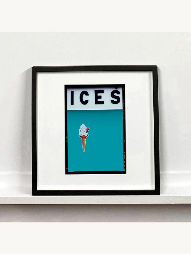 Ices blue curacao pop art colour typography print mounted square framed in black