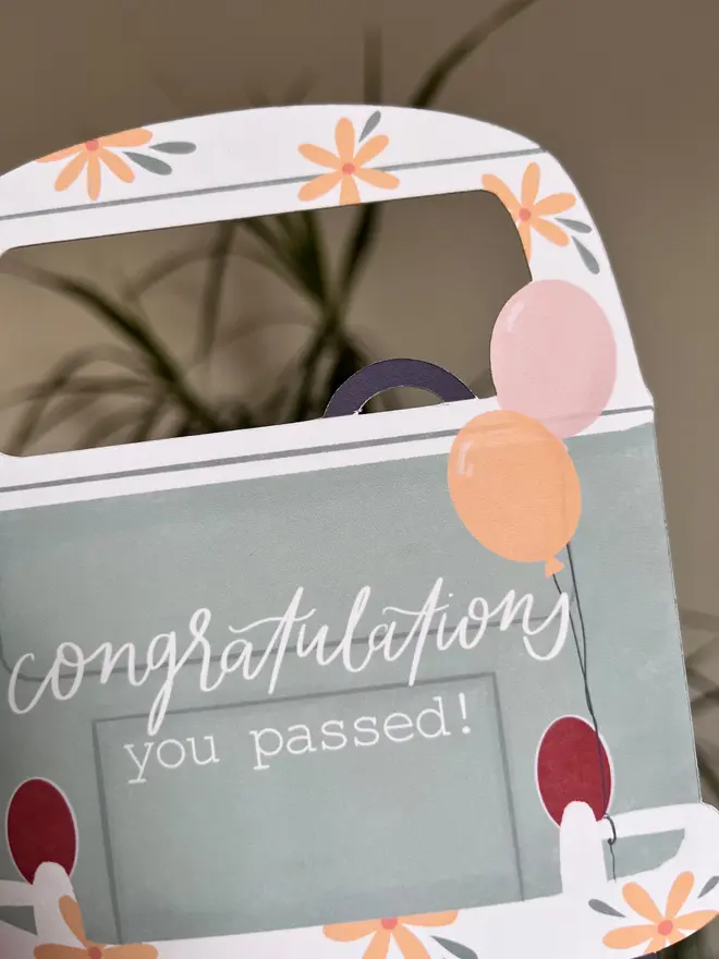 you passed driving test card. card shaped like campervan to congratulate new driver.