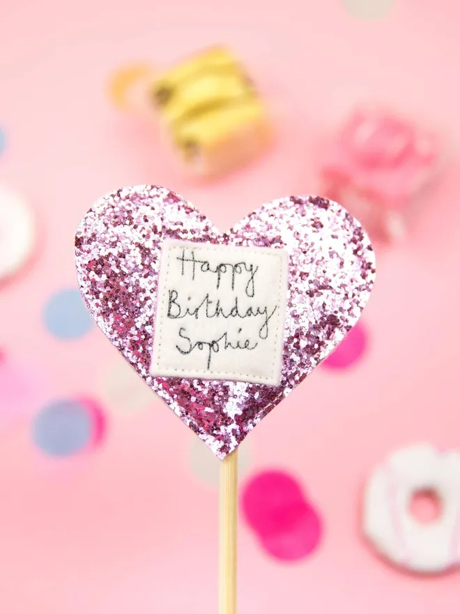 Personalised Glitter Heart Cake Toppers