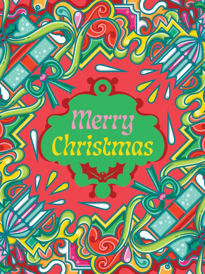An abstract Christmas card design, with Merry Christmas in the centre, surrounded by a multicoloured design with crackers and presents, on a red background.