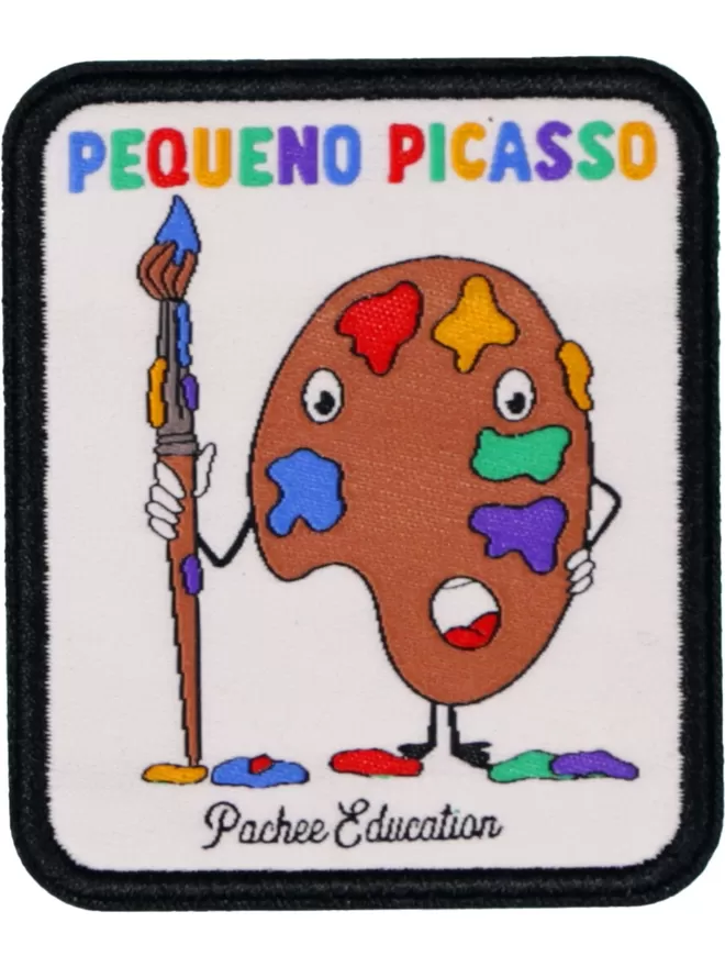 A rectangular patch with 'Pequeno Picasso' written in multi-coloured lettering at the top. In the centre is a paint palette holding a paintbrush with its hand on its hip.