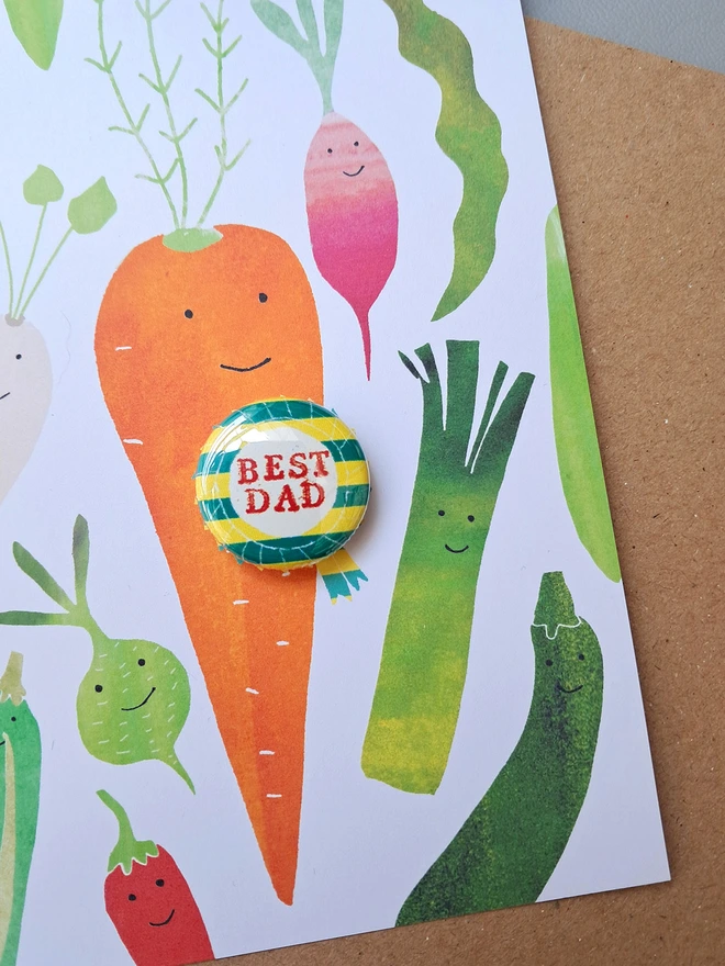 Carrot best dad greeting card with rosette pin badge