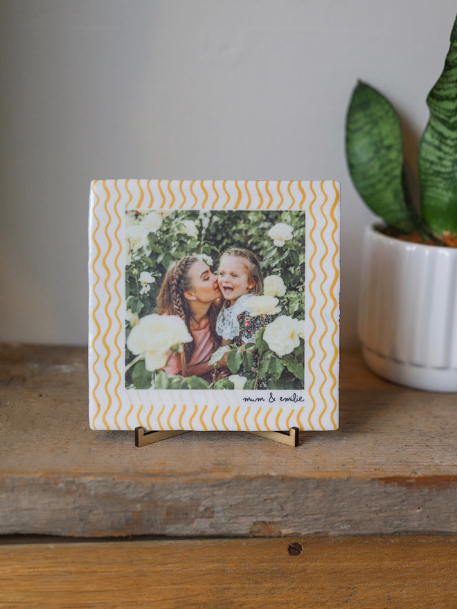 Personalised Crackle Glazed Wavy Orange Ceramic Photo Tile
