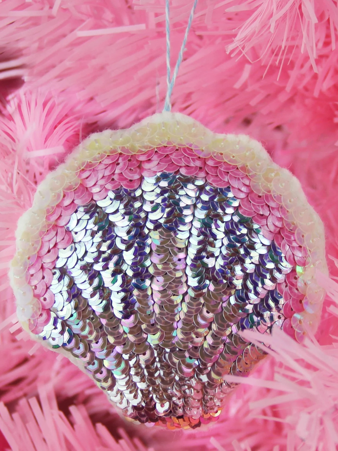 Sequinned scallop shell Christmas decoration