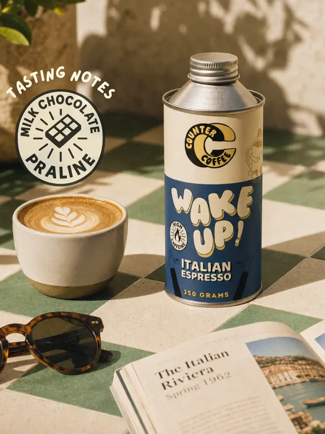 Wake Up! Espresso. A tin of espresso beans from Counter Coffee.