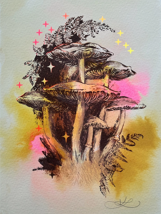 Kath Leone mushroom screenprinted limited edition art in oak frame with art glass