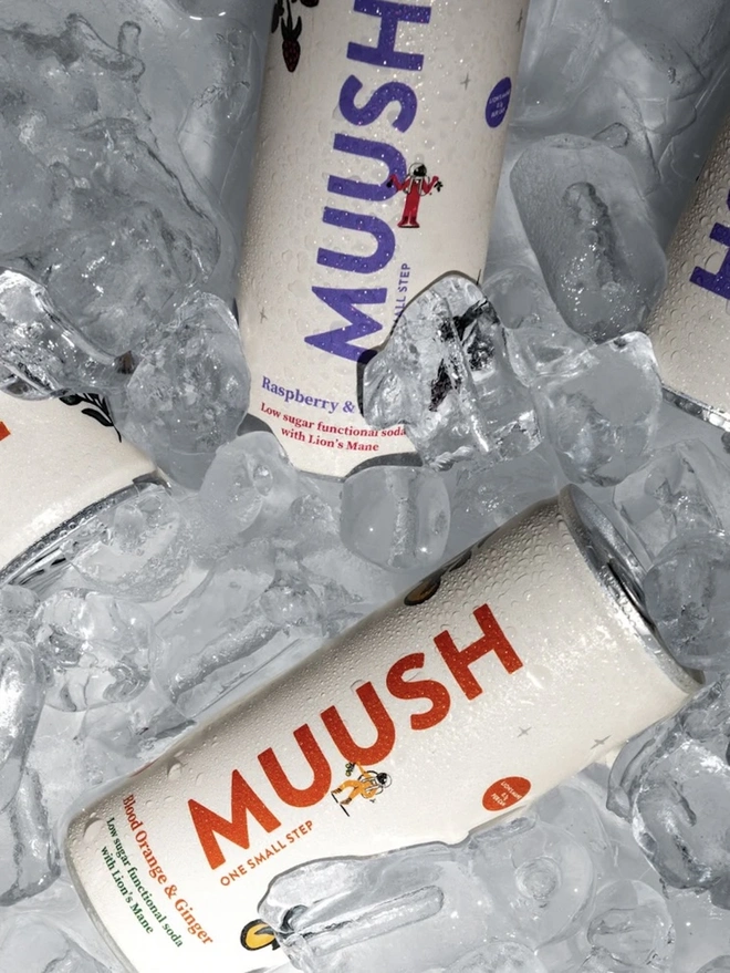 Raspberry & Lychee Cans (Pack Of 12), a group of raspberry and lychee soda sitting chilled in ice. 