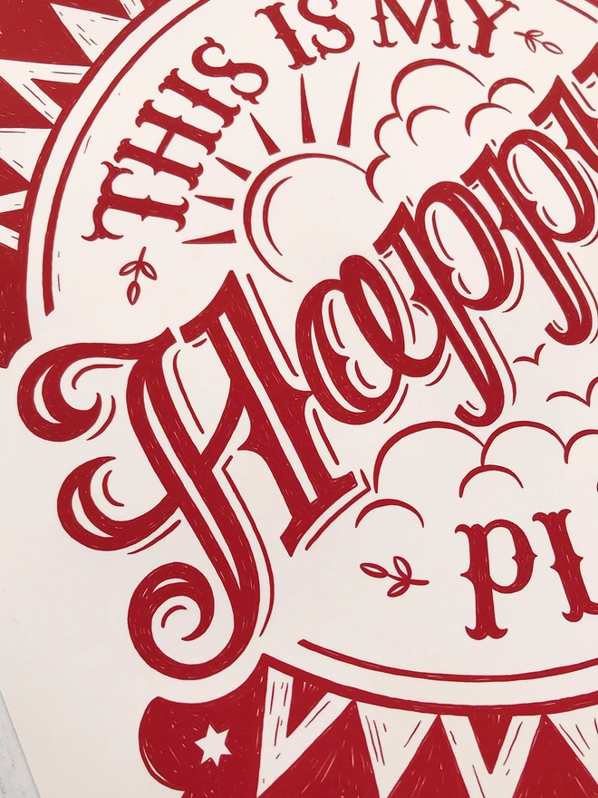 red happy place typographic print detail