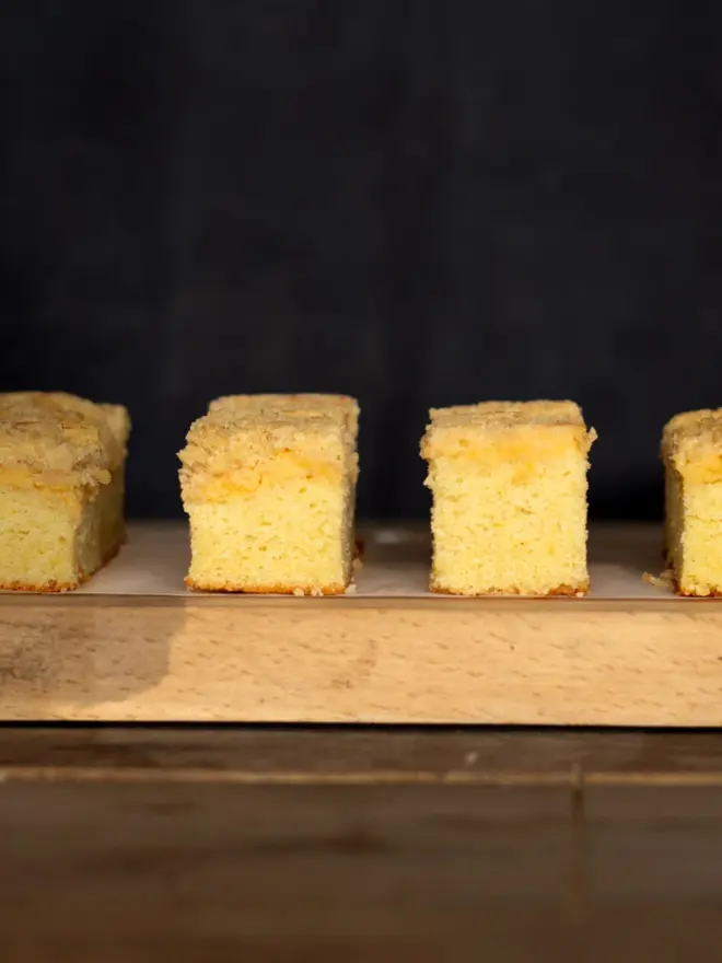 A tray of lemon curd crumble cake