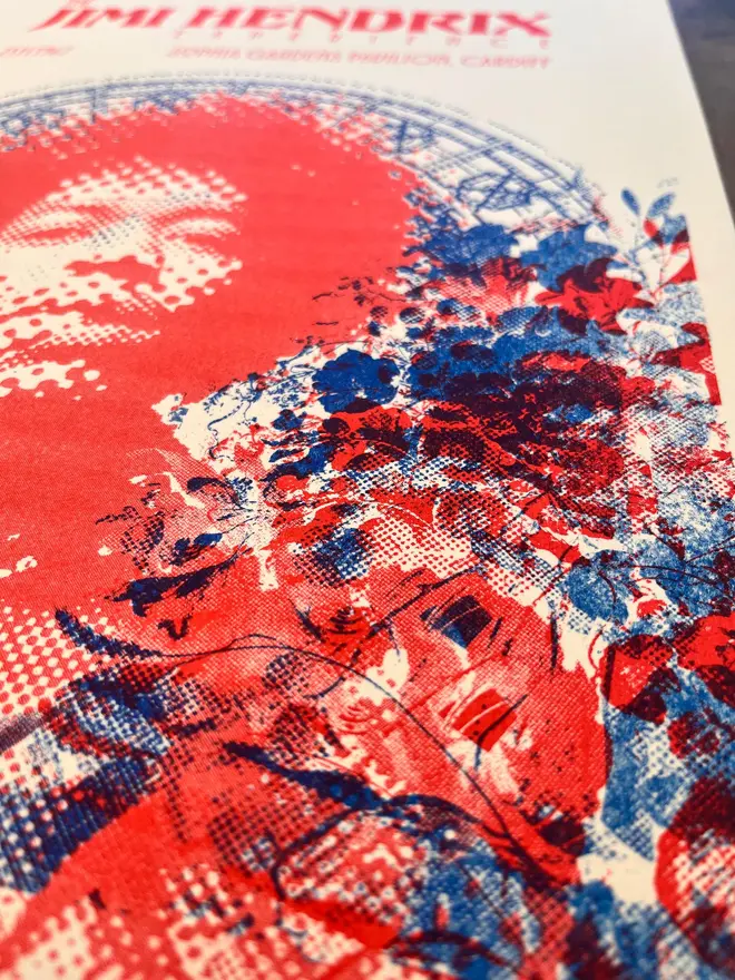 'Jimi Hendrix' Handmade Risograph Gig Poster, zoomed in. 
