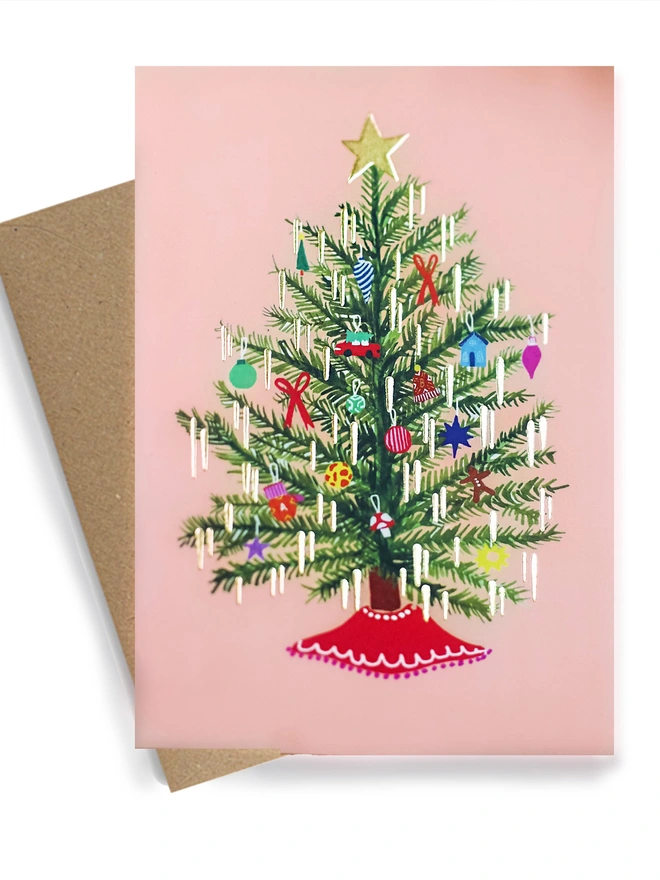 Gold and Pink Foiled Christmas tree retro card