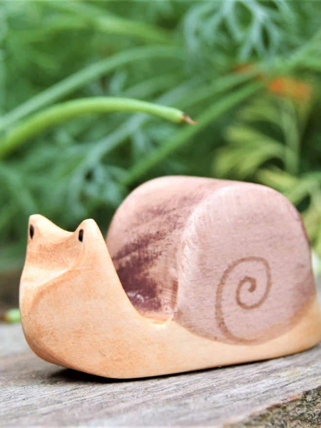  Handmade ecofriendly wooden toy figurines, snail toy figure in garden made by hand by Eric and Albert made in Wales, UK