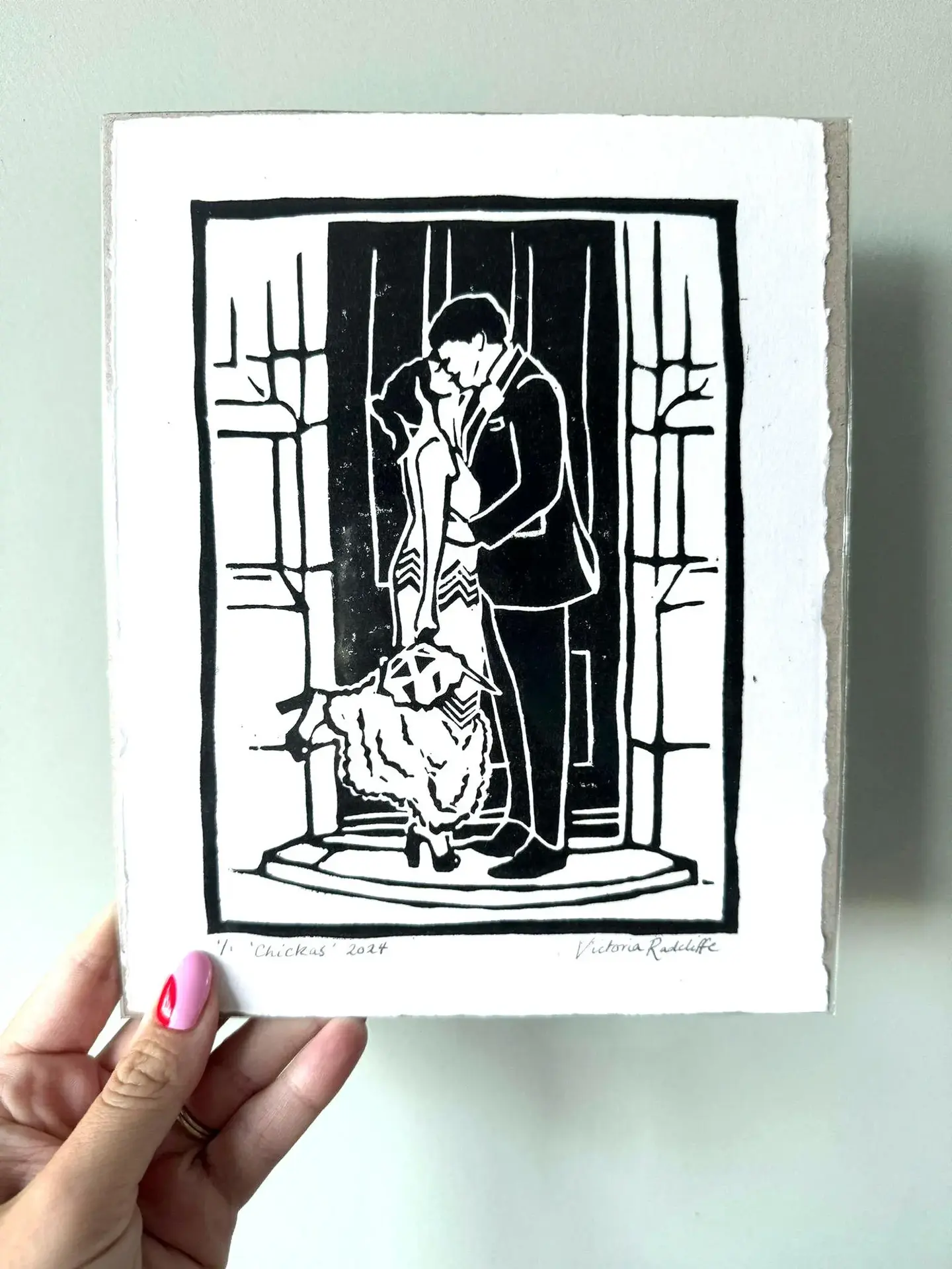 Personalised Handcrafted Linoprints, linoprint of romantic couple. 