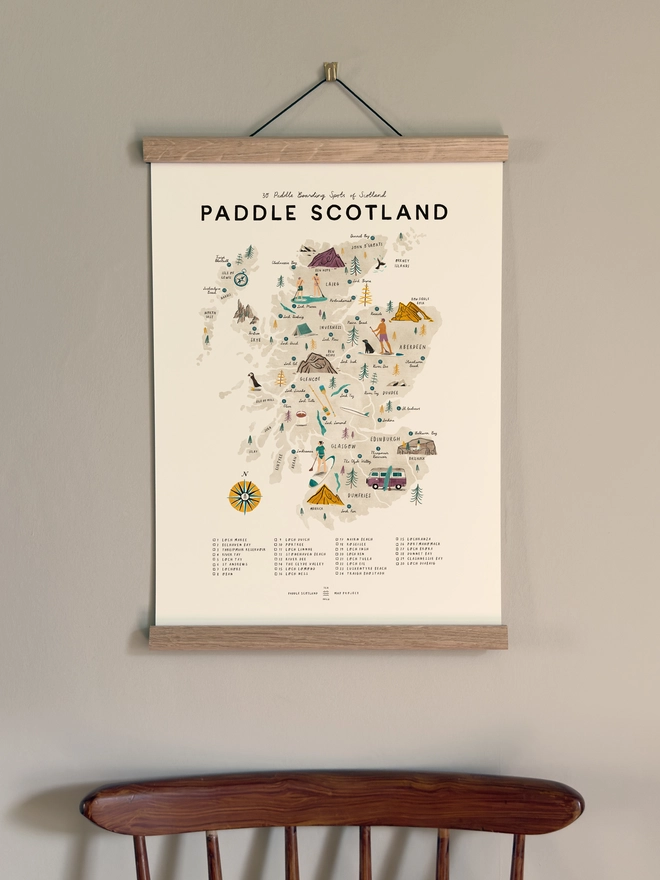 Paddle Scotland map print, framed, on a wall