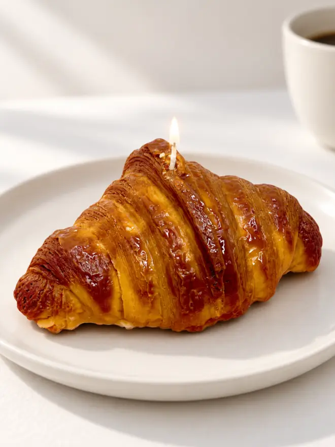 Croissant candle on a plate in the soft glow of the sun
