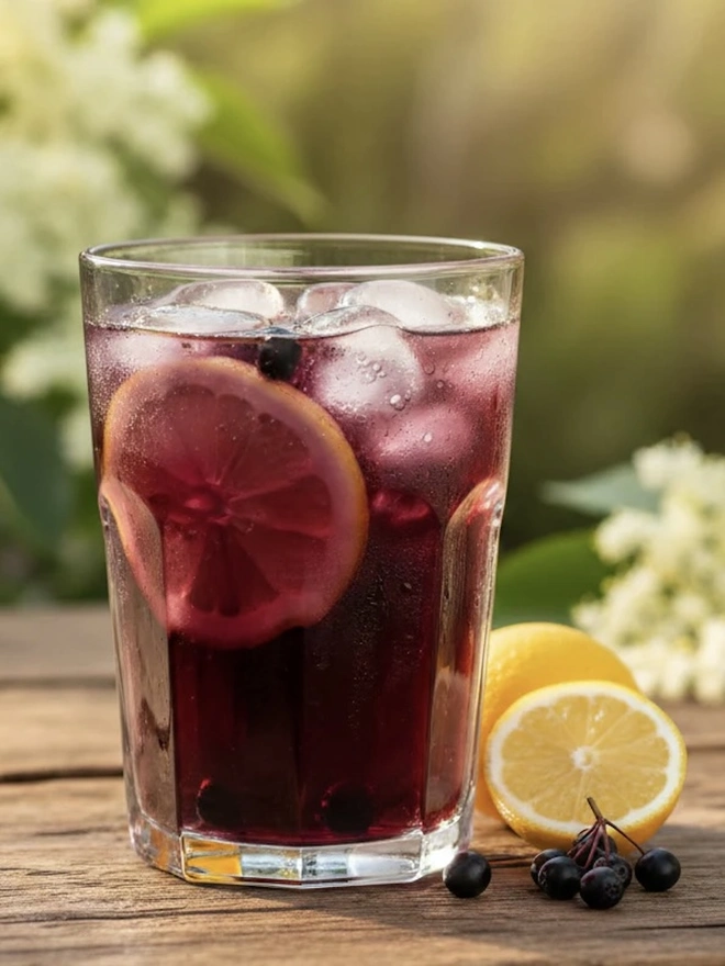 Elderberry & Lemon Cordial (Set Of 1, 2, 3 Or 4), a glass of cordial sitting on a wooden surface outside next to some berries. 