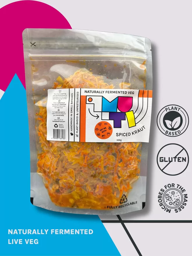 Pouch Of Muti Spiced Kraut On A Colourful Geometric Pop Art Background.