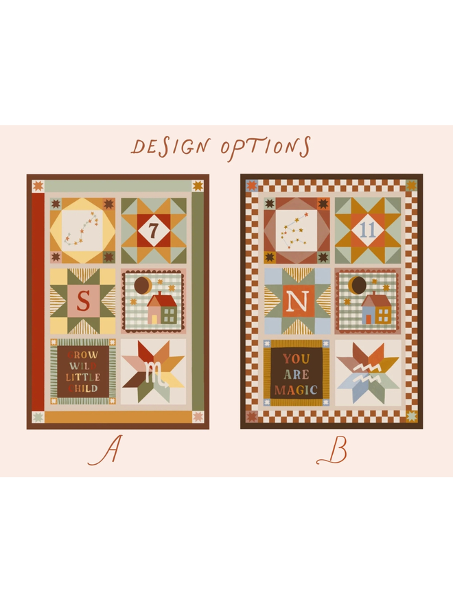 personalised baby quilted wall hanging. design options for a patchwork hanging quilt decoration to commemorate a baby's birth.