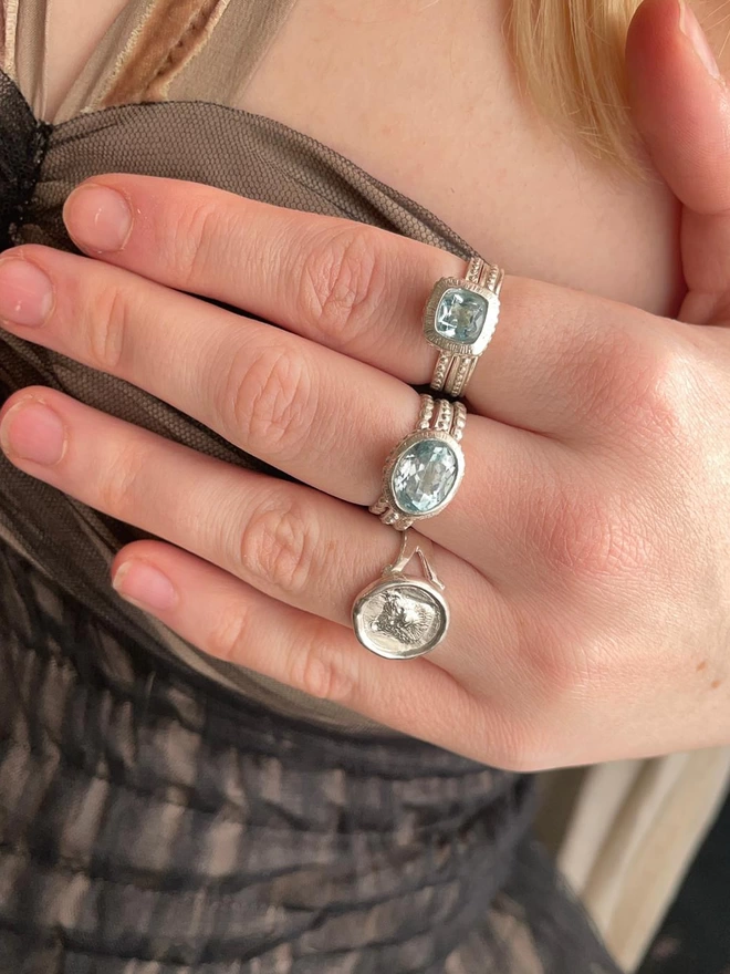 Amulet Milgrain Blue Topaz Silver Stone Ring 