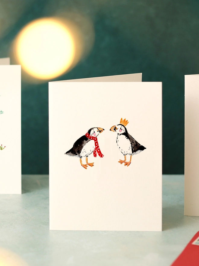 Two Christmas Puffins Mini Christmas Card