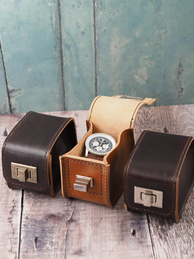 Personalised leather watch boxes in brown